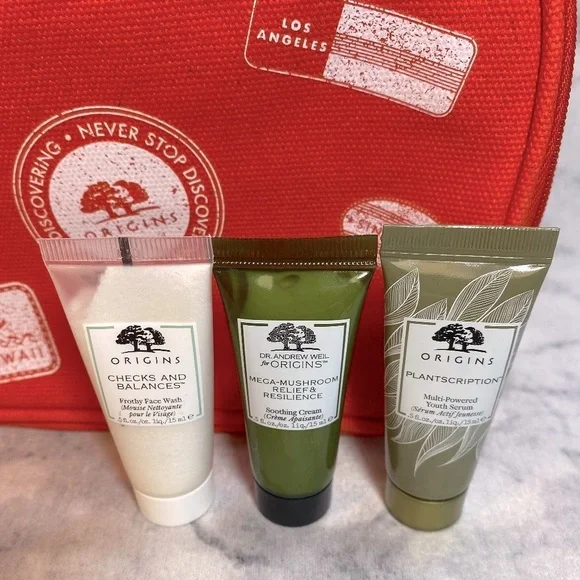 Origins Skincare Set-Red Pouch,Mask,Cleansers,Serums,Anti-Age,Eye Cream-15pc-NEW